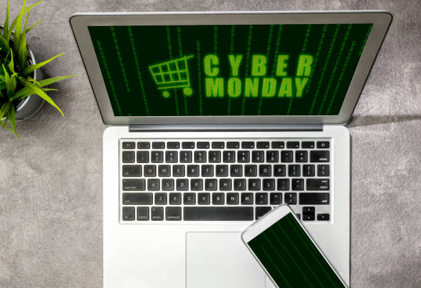 cyber monday advert on the laptop screen on the desk. cyber monday concept